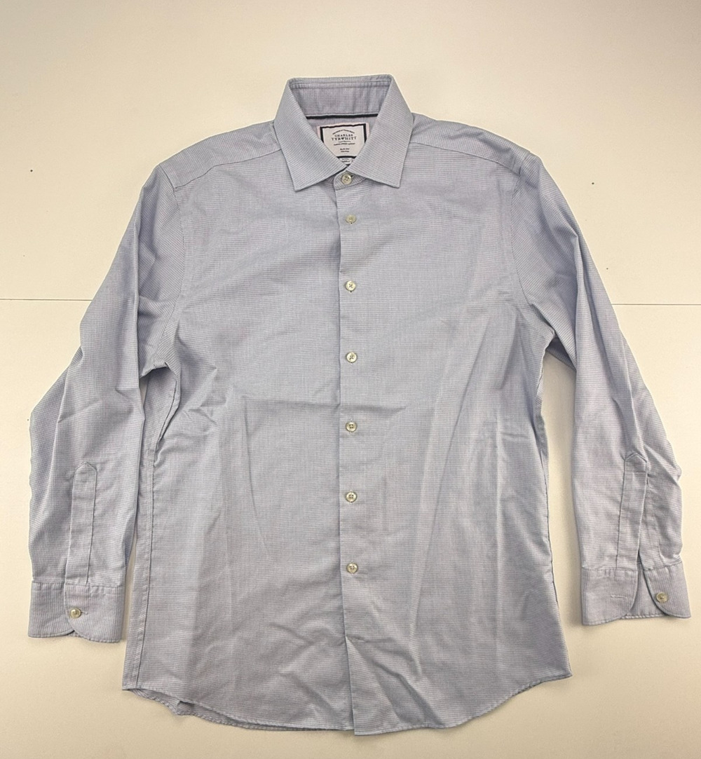 Charles Tyrwhitt Men's 16/33 Slim Fit Non-Iron Dress Shirt Blue Micro Grid Check